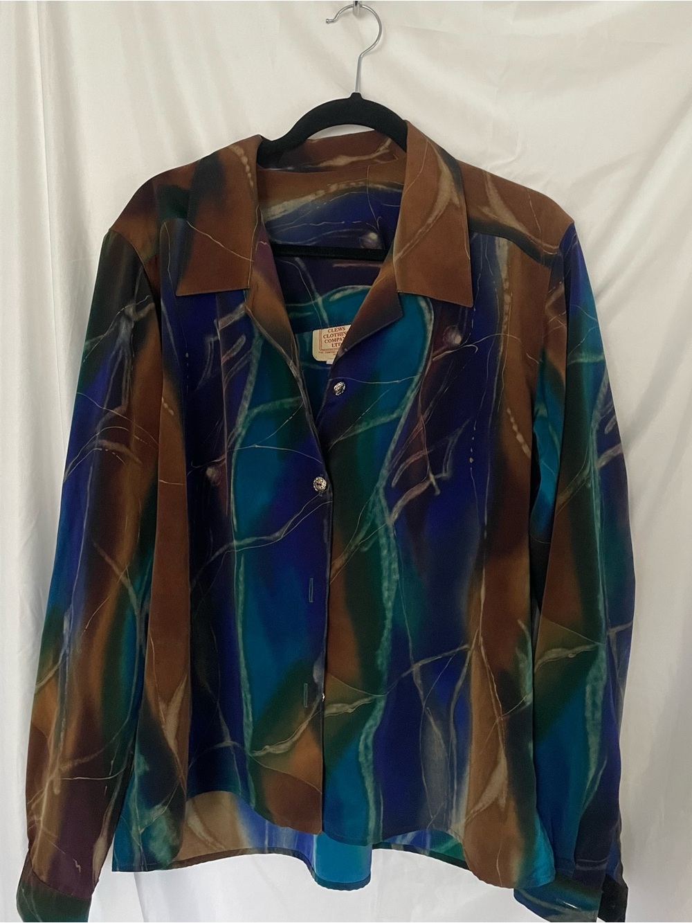 80s Abstract Satin Button-Front Duster in Teal & Brown
